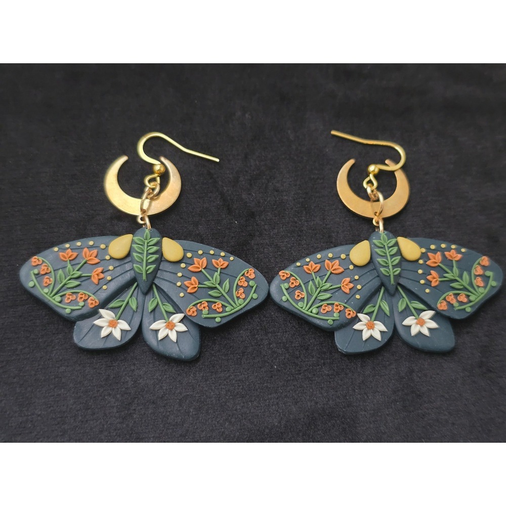 Polymer Clay Moth Earrings Blue Gold Tone Boho Moth Moon Celestial Floral